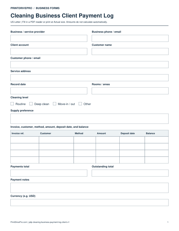 Preview of Cleaning Business Client Payment Log