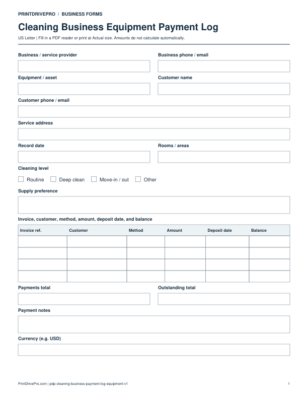 Preview of Cleaning Business Equipment Payment Log