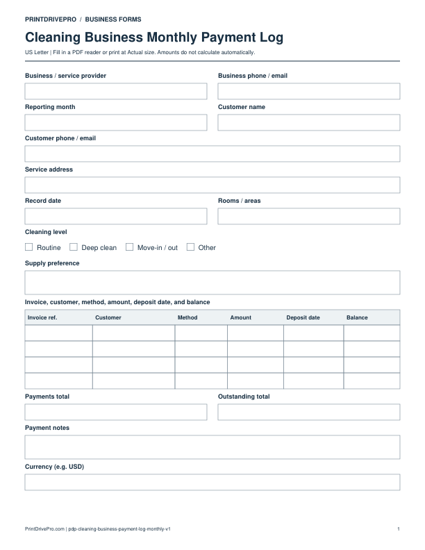 Preview of Cleaning Business Monthly Payment Log