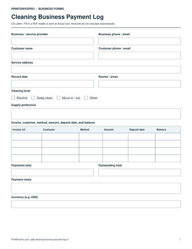 Preview of Cleaning Business Payment Log