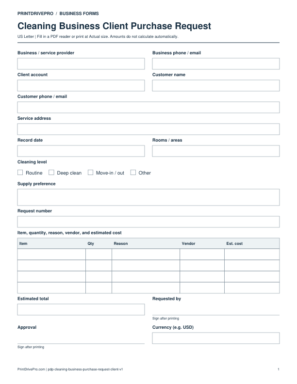 Preview of Cleaning Business Client Purchase Request