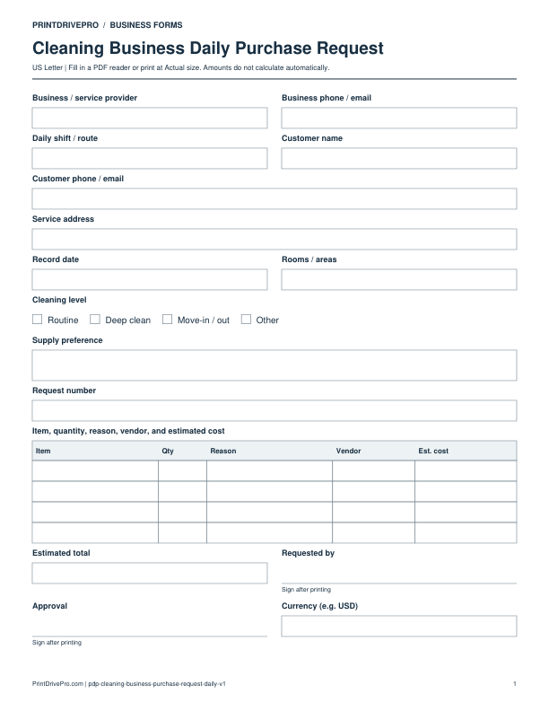 Preview of Cleaning Business Daily Purchase Request