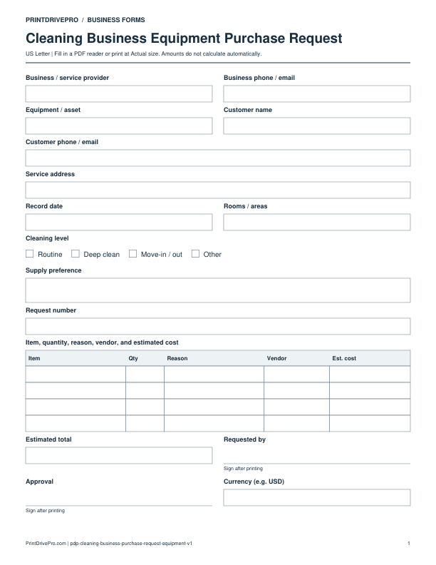 Preview of Cleaning Business Equipment Purchase Request