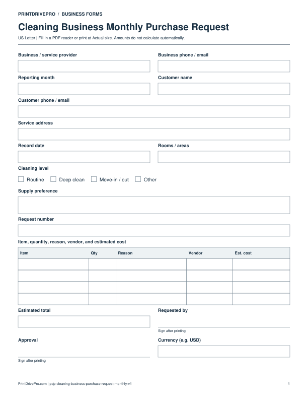 Preview of Cleaning Business Monthly Purchase Request