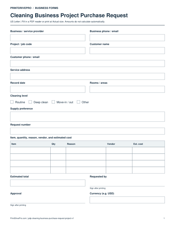 Preview of Cleaning Business Project Purchase Request