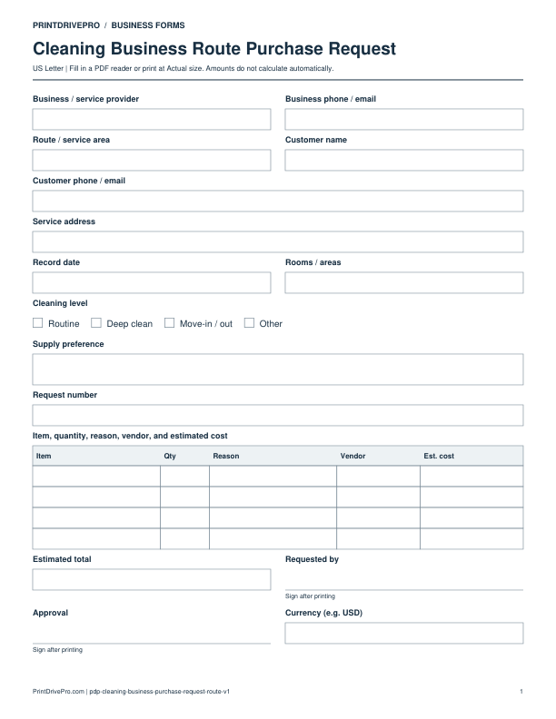 Preview of Cleaning Business Route Purchase Request