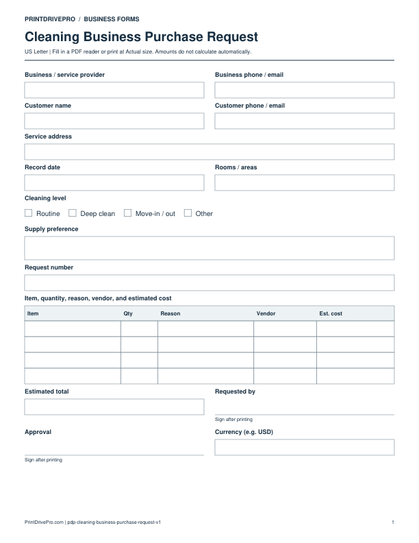 Preview of Cleaning Business Purchase Request