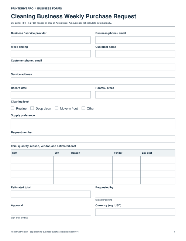 Preview of Cleaning Business Weekly Purchase Request