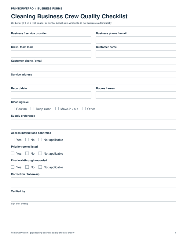 Preview of Cleaning Business Crew Quality Checklist
