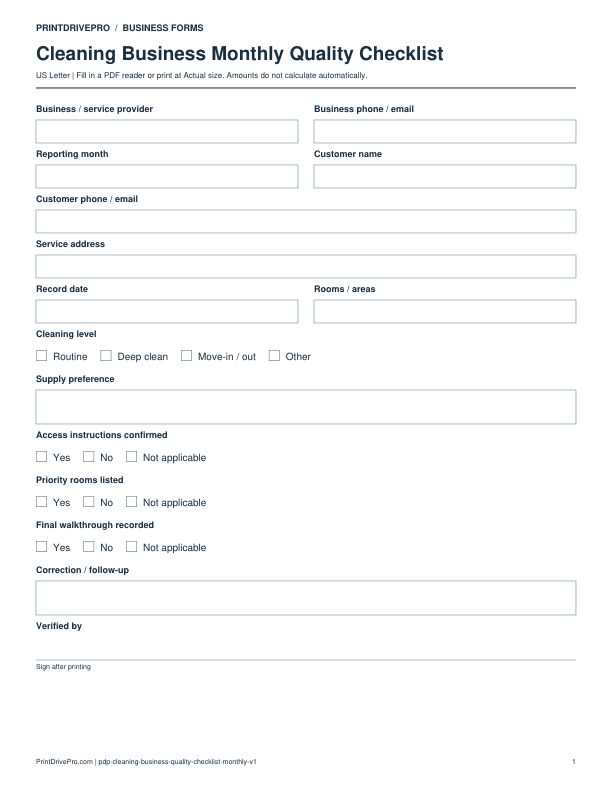 Preview of Cleaning Business Monthly Quality Checklist