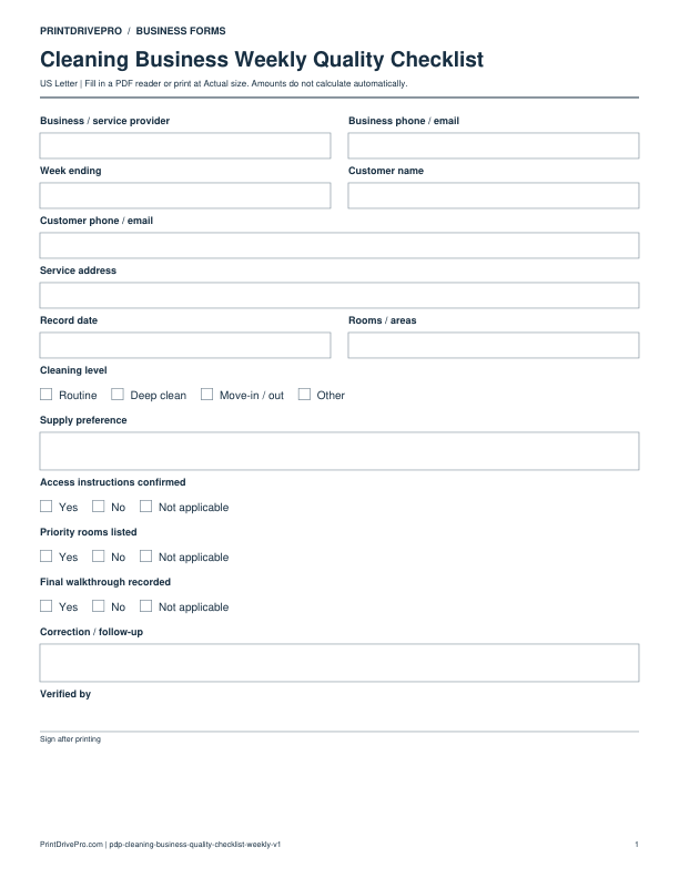 Preview of Cleaning Business Weekly Quality Checklist