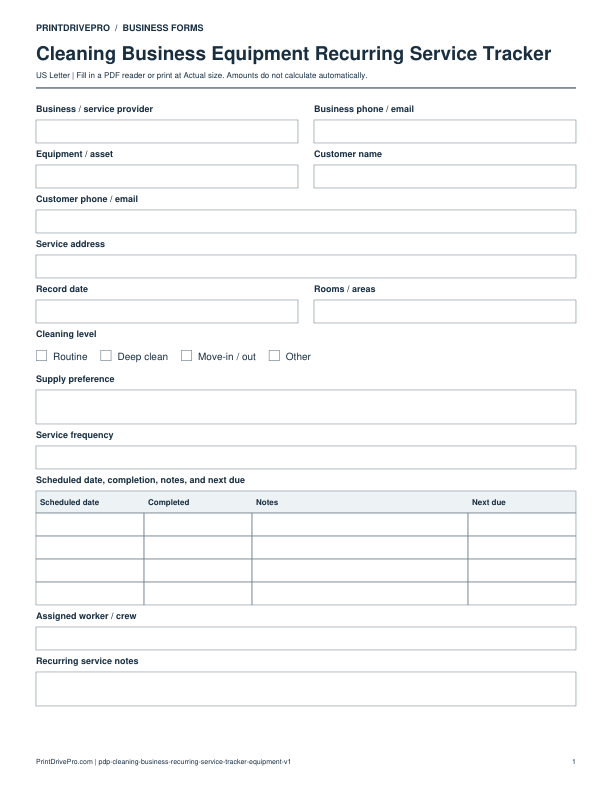 Preview of Cleaning Business Equipment Recurring Service Tracker