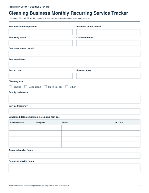 Preview of Cleaning Business Monthly Recurring Service Tracker