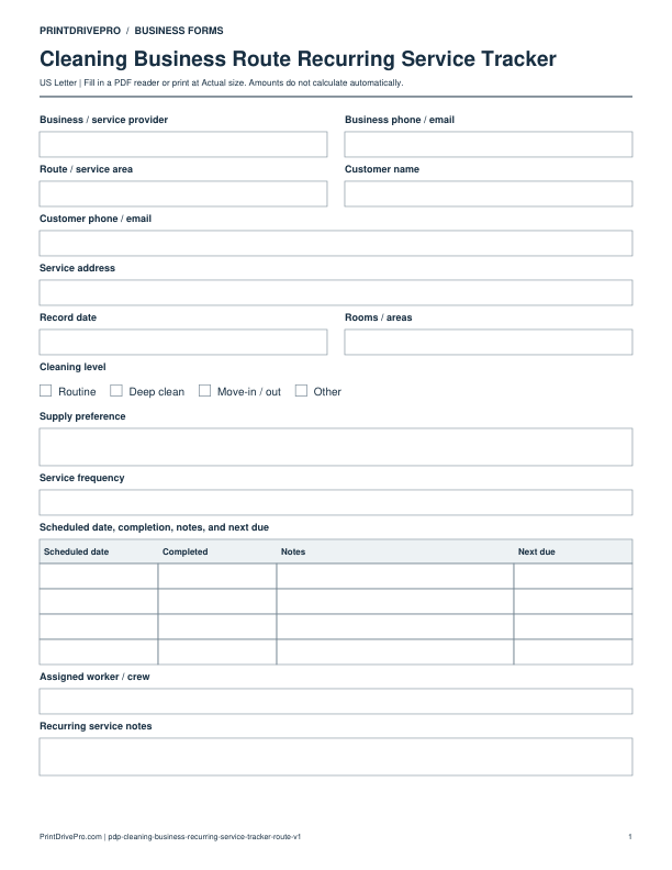 Preview of Cleaning Business Route Recurring Service Tracker