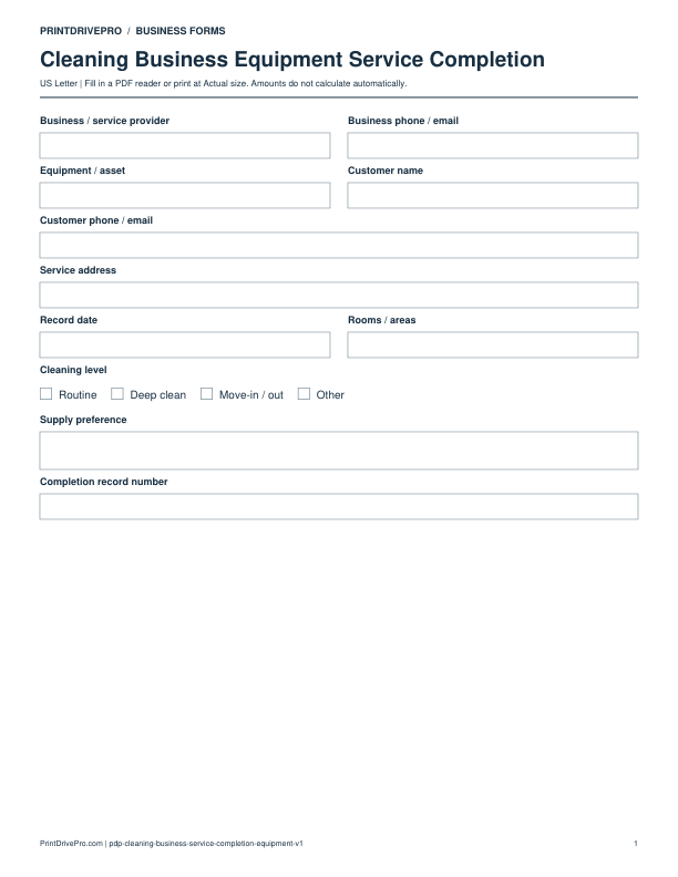 Preview of Cleaning Business Equipment Service Completion
