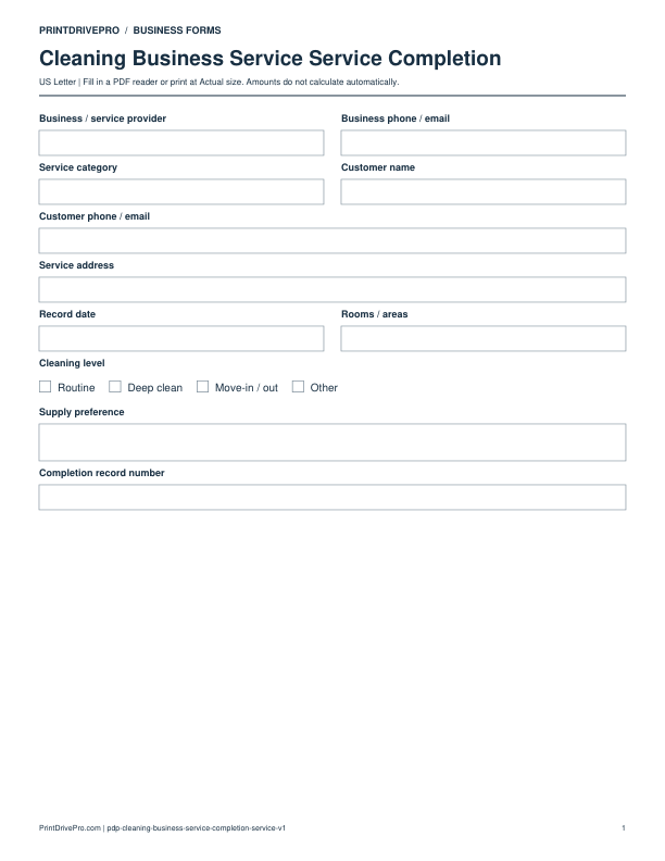 Preview of Cleaning Business Service Service Completion