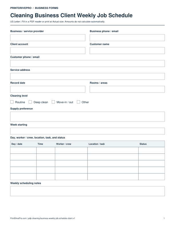 Preview of Cleaning Business Client Weekly Job Schedule