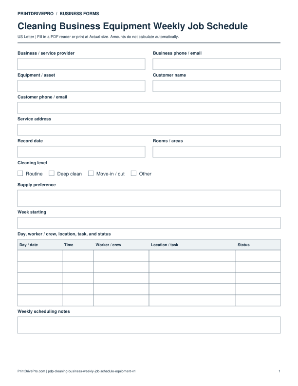 Preview of Cleaning Business Equipment Weekly Job Schedule