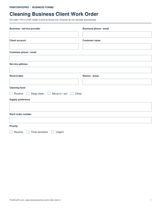 Preview of Cleaning Business Client Work Order