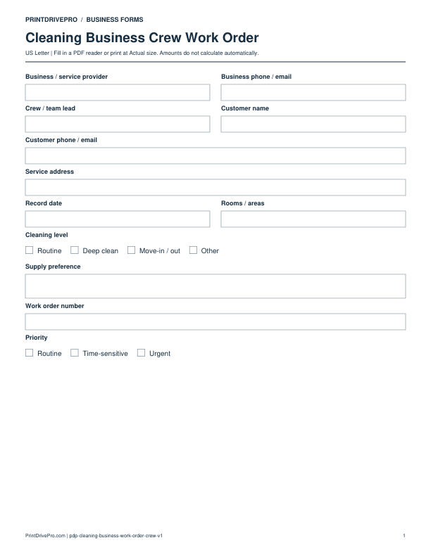 Preview of Cleaning Business Crew Work Order
