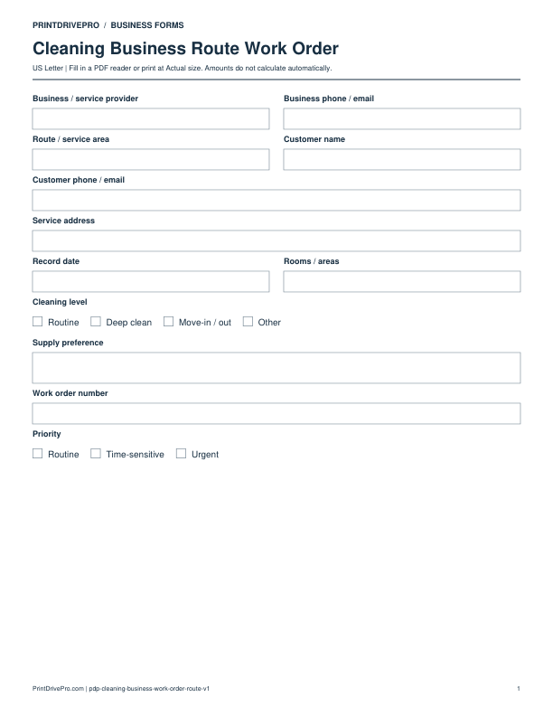Preview of Cleaning Business Route Work Order