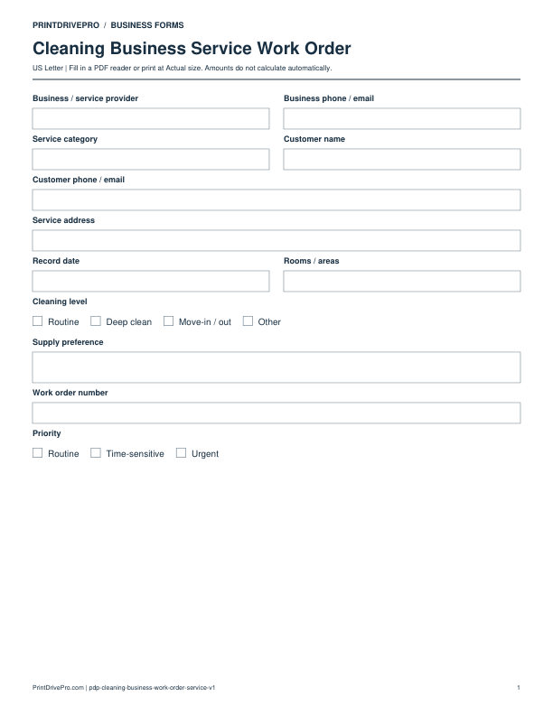 Preview of Cleaning Business Service Work Order