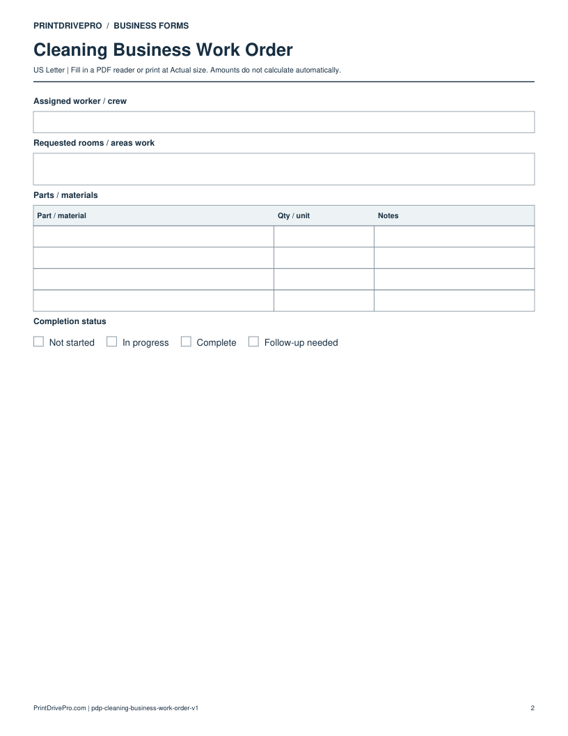 Page 2 of Cleaning Business Work Order Printable
