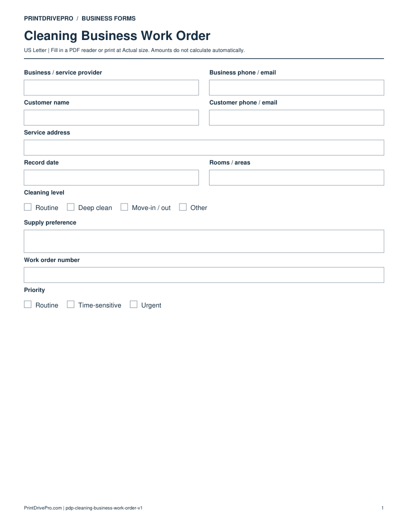 Preview of Cleaning Business Work Order