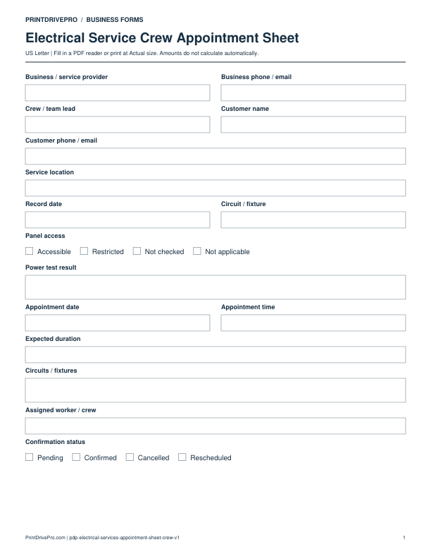Preview of Electrical Service Crew Appointment Sheet