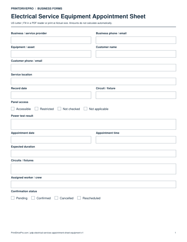 Preview of Electrical Service Equipment Appointment Sheet