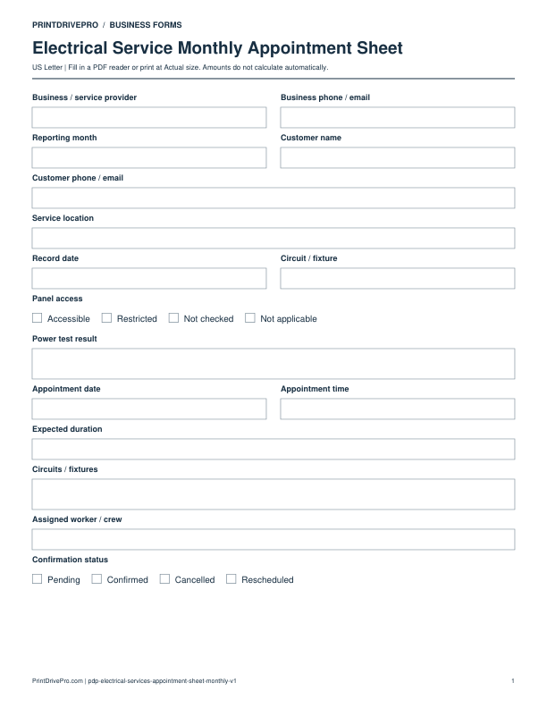 Preview of Electrical Service Monthly Appointment Sheet