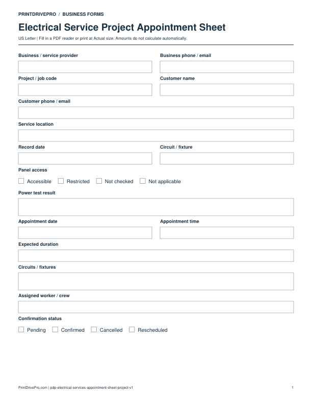 Preview of Electrical Service Project Appointment Sheet