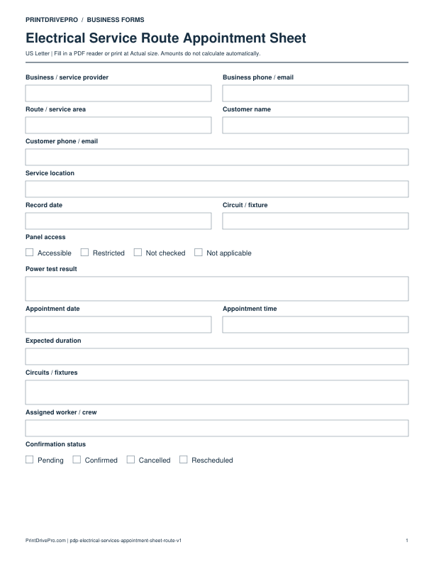 Preview of Electrical Service Route Appointment Sheet