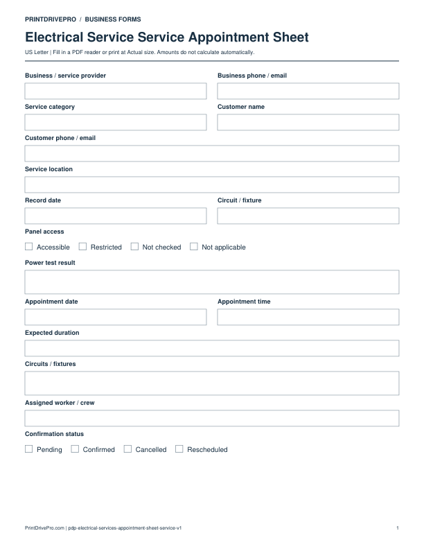 Preview of Electrical Service Service Appointment Sheet