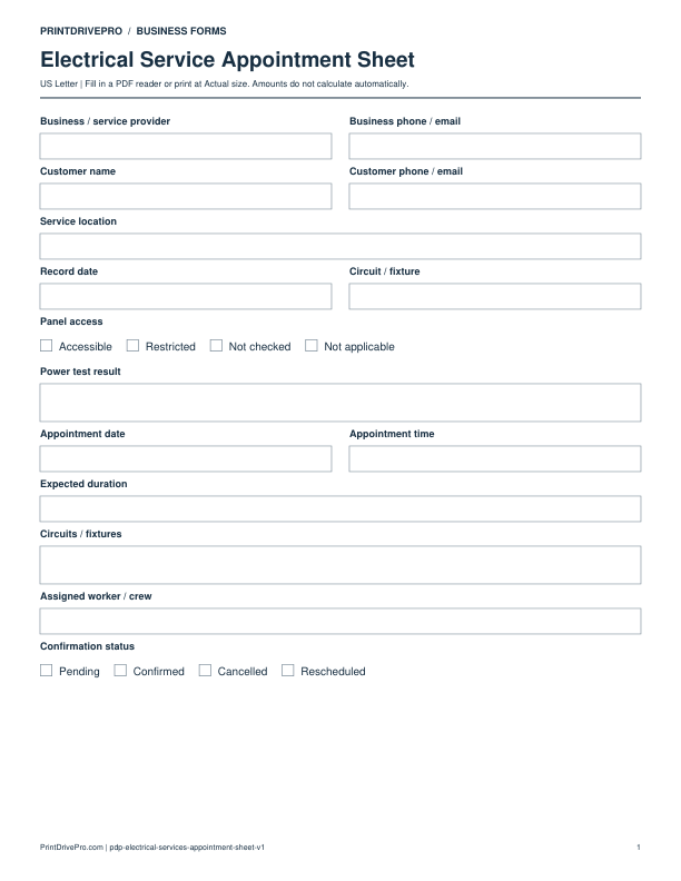 Preview of Electrical Service Appointment Sheet