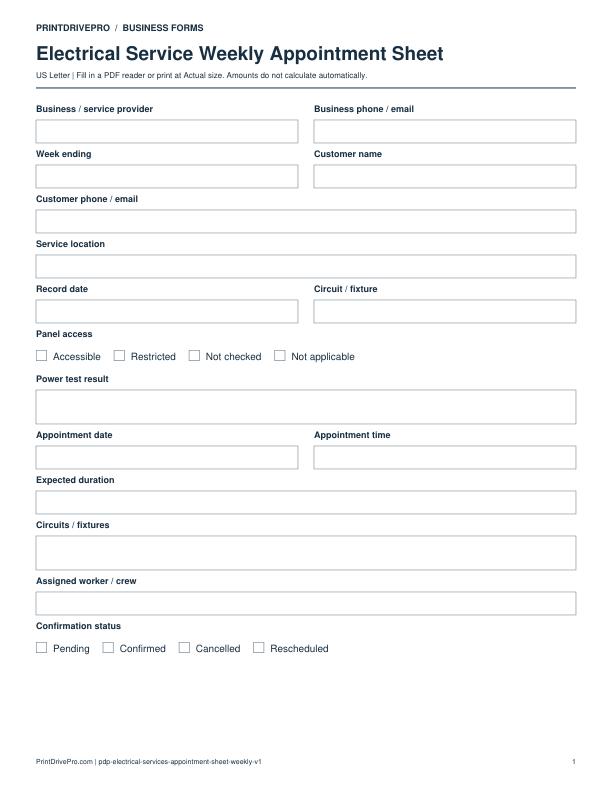 Preview of Electrical Service Weekly Appointment Sheet