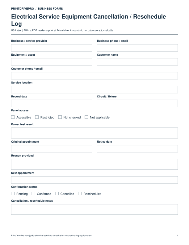 Preview of Electrical Service Equipment Cancellation / Reschedule Log