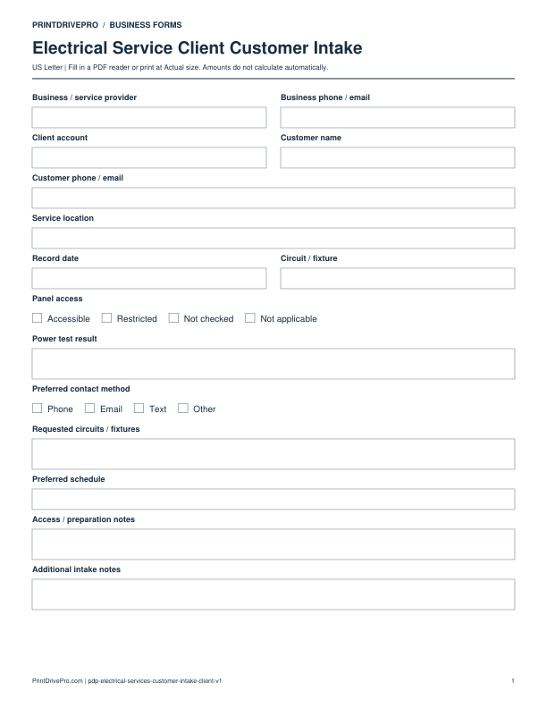 Preview of Electrical Service Client Customer Intake