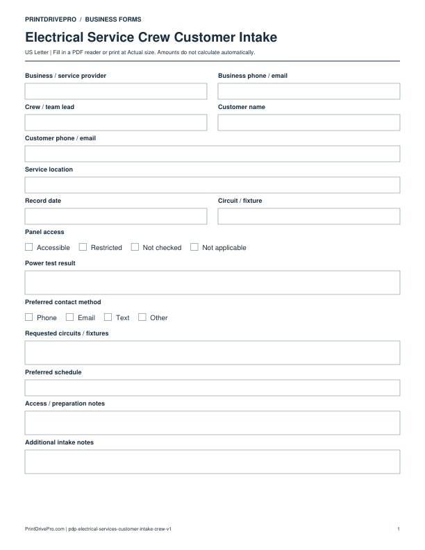 Preview of Electrical Service Crew Customer Intake
