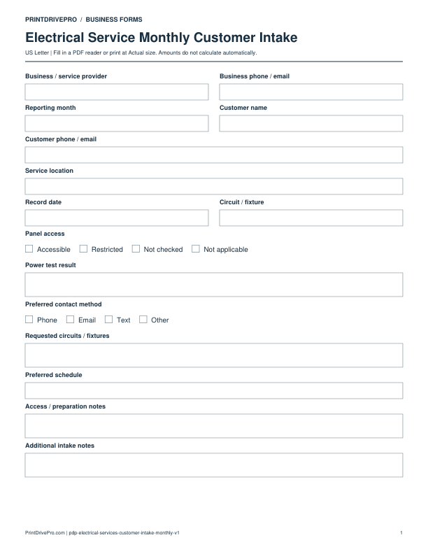 Preview of Electrical Service Monthly Customer Intake