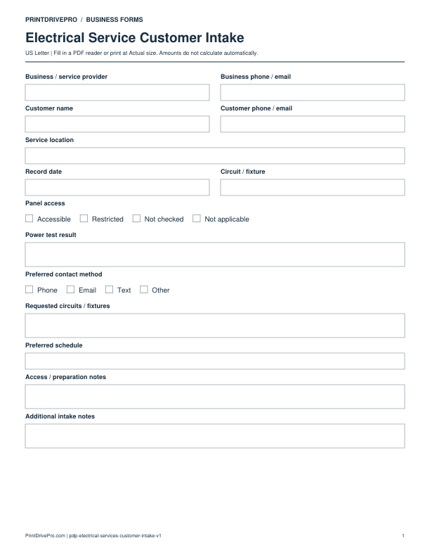 Preview of Electrical Service Customer Intake
