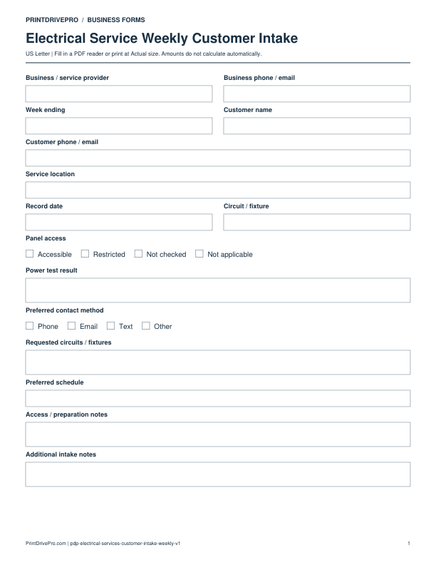 Preview of Electrical Service Weekly Customer Intake