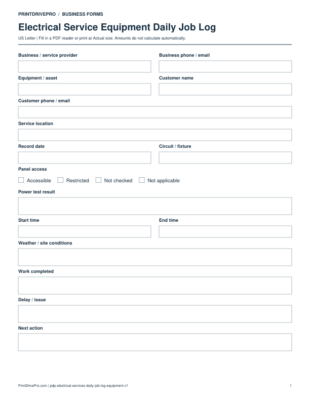 Preview of Electrical Service Equipment Daily Job Log