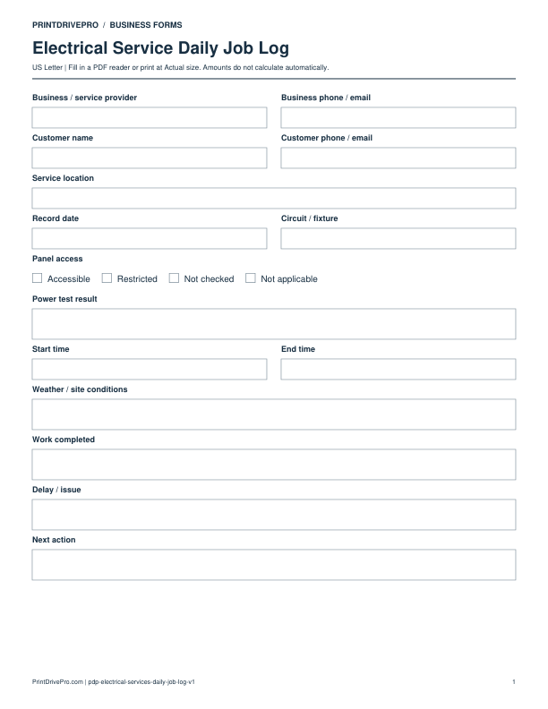 Preview of Electrical Service Daily Job Log