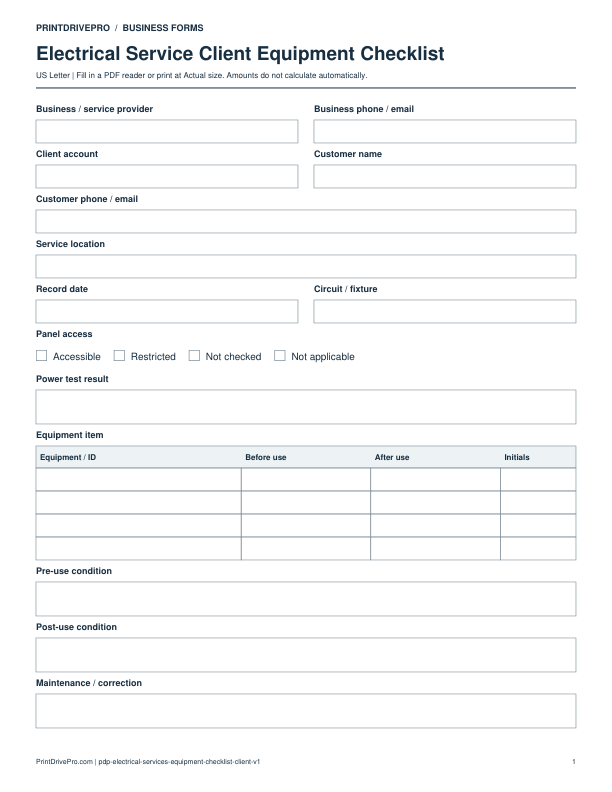 Preview of Electrical Service Client Equipment Checklist