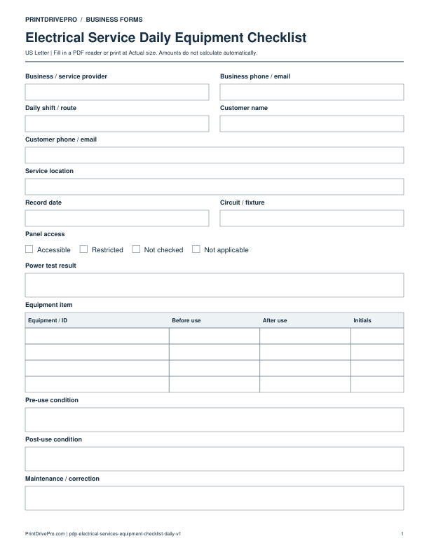 Preview of Electrical Service Daily Equipment Checklist