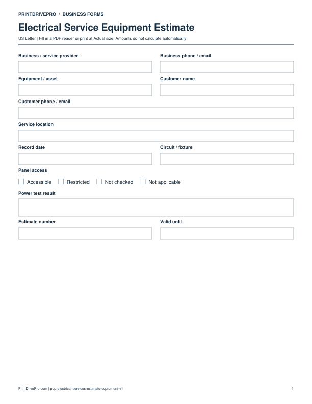 Preview of Electrical Service Equipment Estimate