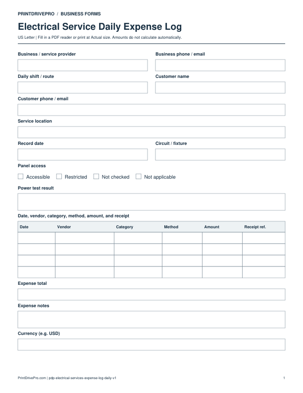 Preview of Electrical Service Daily Expense Log