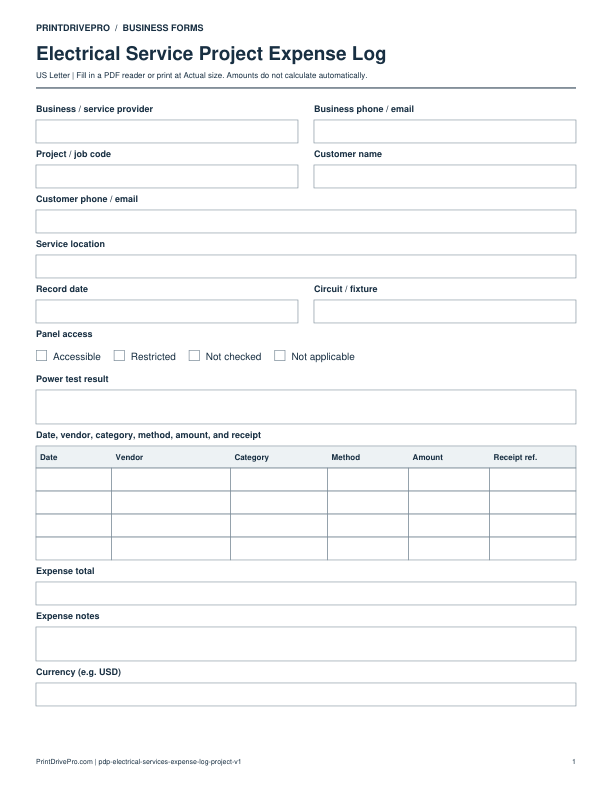 Preview of Electrical Service Project Expense Log