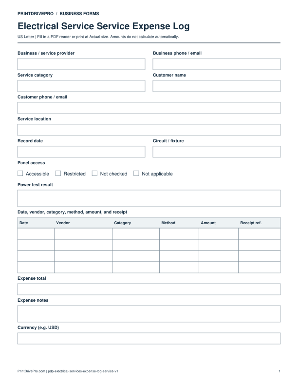 Preview of Electrical Service Expense Log